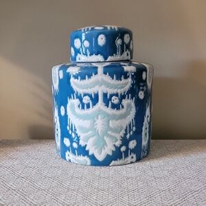 9" Ikat Blue and White Ceramic Jar